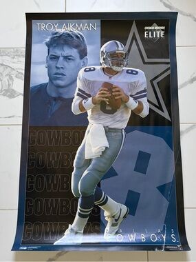 Vintage 1994 Dallas Cowboys Troy Aikman #8 Poster Blue Black 23” x 35”